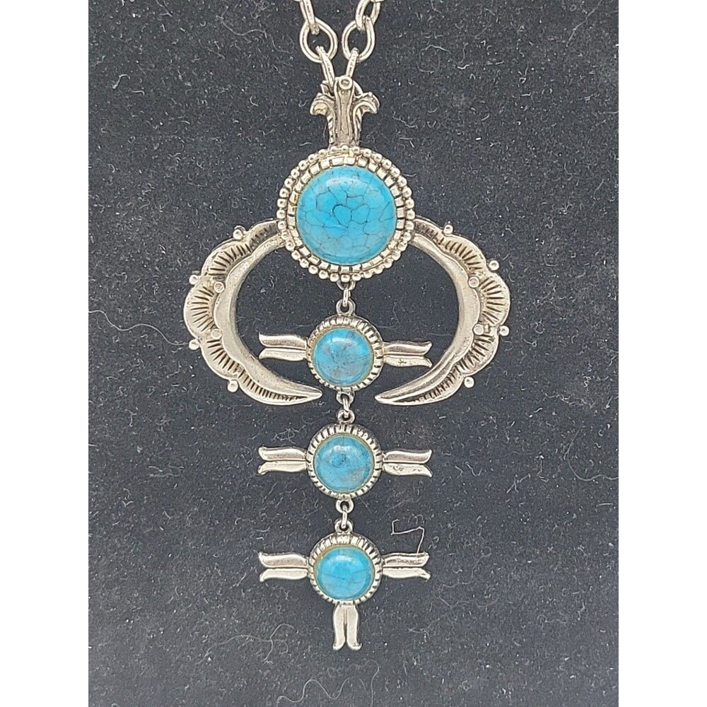 Stunning Vintage Huge Squash Blossom Silvertone Faux Turquoise Cabochon Necklace - Picture 2 of 9